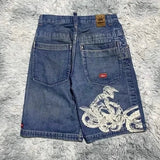 Eoior  -  90s Streetwear Y2K Street New Fashion Skeleton Embroidery Loose Shorts Men Retro Harajuku Pop Hip Hop Gothic High Waist Sports Denim Shorts