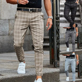 Eoior  Trousers  Popular Mid-rise Checkered Pattern Pants  Bottoms Men Pants