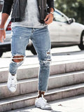 Eoior Men Jeans Streetwear Knee Ripped Skinny Hip Hop Fashion Estroyed Hole Pants Solid Color Male Stretch Casual Denim Big Trousers