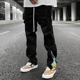 Eoior Streetwear Patchwork Cashew Flower Print Cargo Pants Y2k Men Hip Hop Casual Functional Slim Cargo Trousers Male Pocket Side Zip