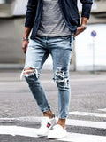 Eoior Men Jeans Streetwear Knee Ripped Skinny Hip Hop Fashion Estroyed Hole Pants Solid Color Male Stretch Casual Denim Big Trousers