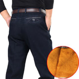 Eoior 30-44 Winter Thick Fleece Denim Pants Casual High Waist Loose Long Pants Male Solid Straight Baggy Jeans For Men Classic HLX03