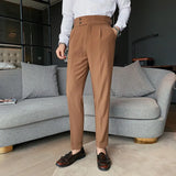 Eoior Men's High Waist Trousers England Business Casual Work Suit Pants Belt Waistline Straight Slim Fit Bottoms Handsome Clothing