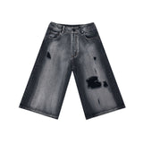 Washed ripped retro 7-point workwear denim shorts men's summer loose straight wide-leg trendy 7-point mid-length pants