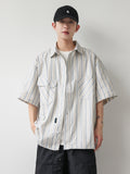 summer new niche retro striped short-sleeved shirt men's trendy hem drawstring half-sleeved shirt jacket