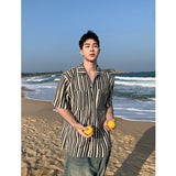 American retro striped short-sleeved knitted cardigan jacket men's summer new casual half-sleeved trendy T-shirt tops