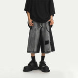 Washed ripped retro 7-point workwear denim shorts men's summer loose straight wide-leg trendy 7-point mid-length pants