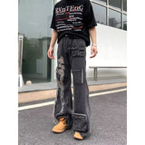 Retro American style distressed raw edge ripped jeans for men with multiple pockets, loose casual high street versatile trousers