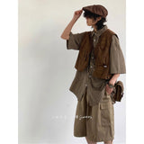 Japanese retro short workwear vest for boys spring and autumn new style college style camera function jacket top