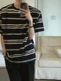 American retro black and white striped short-sleeved T-shirt men's trendy brand pure cotton lazy style oversize summer new style half sleeve