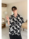 Niche tie-dye contrast color lapel shirt men's summer new loose and handsome short-sleeved drape-free hot-stamping shirt