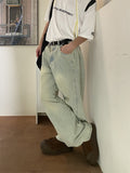 Washed niche wasteland loose side fold wide-leg jeans summer new neutral wind straight long pants