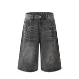 American retro distressed blue lightning denim shorts men's summer new loose straight wide-leg cropped pants drape