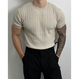 business casual men Summer Thin Linen Pattern round Neck Sweater Short Sleeve Men's Loose Trendy All-Match Stretch T-shirt Niche