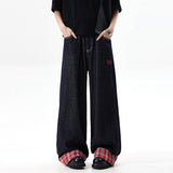 Small plaid stitching hem jeans women summer new retro wide-leg straight-leg versatile trousers