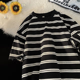 90s streetwear Japanese Striped Short-Sleeved T-shirt Men's Summer Loose Casual Retro Niche Versatile Cotton round Neck Bottoming T-shirt