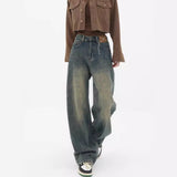 90s streetwear Summer New Retro Washed Distressed Straight Jeans Women's High Waist Loose All-Match Wide-Leg Mopping Pants