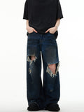 American retro distressed ripped jeans for the floor, new summer styles, niche high street, loose and versatile wide-leg pants