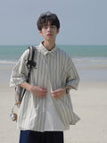 Korean style niche striped short-sleeved shirt summer new men's shirt jacket summer loose casual tops