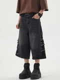 Summer new damaged washed old denim shorts men's loose American retro cut wide leg straight cropped trousers