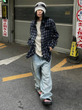 American retro plaid long-sleeved shirt men summer new loose oversize casual shirt jacket trend