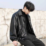 bomber jacket Korean Style Trendy Loose Leather Jacket Men's Short Motorcycle Clothing Student Pilot Leather Jacket Spring and Autumn plus Size Coat