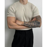 business casual men Summer Thin Linen Pattern round Neck Sweater Short Sleeve Men's Loose Trendy All-Match Stretch T-shirt Niche