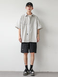 summer new niche retro striped short-sleeved shirt men's trendy hem drawstring half-sleeved shirt jacket