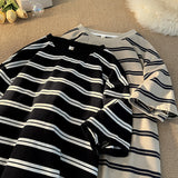 90s streetwear Japanese Striped Short-Sleeved T-shirt Men's Summer Loose Casual Retro Niche Versatile Cotton round Neck Bottoming T-shirt