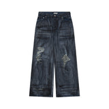 American high street heavy-duty ripped jeans men's summer new beggar pants wasteland style pants wide-leg pants