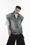 Summer niche retro washed denim shoulder pad vest jacket men's American trendy brand zipper design sleeveless jacket