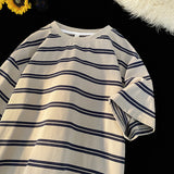 90s streetwear Japanese Striped Short-Sleeved T-shirt Men's Summer Loose Casual Retro Niche Versatile Cotton round Neck Bottoming T-shirt