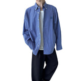 American retro lazy loose blue plaid long-sleeved shirt men  new versatile casual embroidered shirt trend