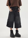 Summer new damaged washed old denim shorts men's loose American retro cut wide leg straight cropped trousers