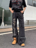 Retro American style distressed raw edge ripped jeans for men with multiple pockets, loose casual high street versatile trousers