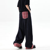 Small plaid stitching hem jeans women summer new retro wide-leg straight-leg versatile trousers