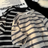 90s streetwear Japanese Striped Short-Sleeved T-shirt Men's Summer Loose Casual Retro Niche Versatile Cotton round Neck Bottoming T-shirt