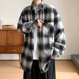 black men fashion urban Spring and Autumn Flannel Cotton Plaid Long-Sleeved Shirt Men's Japanese Wear Loose plus Size All-Match Top Coat