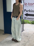 Washed niche wasteland loose side fold wide-leg jeans summer new neutral wind straight long pants