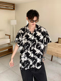 Niche tie-dye contrast color lapel shirt men's summer new loose and handsome short-sleeved drape-free hot-stamping shirt