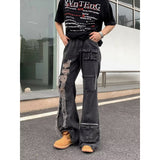 Retro American style distressed raw edge ripped jeans for men with multiple pockets, loose casual high street versatile trousers