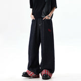 Small plaid stitching hem jeans women summer new retro wide-leg straight-leg versatile trousers