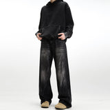 American retro black washed straight jeans men's loose versatile high street vibe street design pants trendy