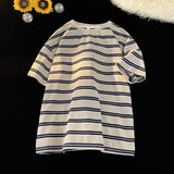 90s streetwear Japanese Striped Short-Sleeved T-shirt Men's Summer Loose Casual Retro Niche Versatile Cotton round Neck Bottoming T-shirt