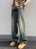 Washed distressed jeans for men American retro spring and autumn loose wide-leg straight-leg floor-length trousers street-style cool pants