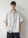 summer new niche retro striped short-sleeved shirt men's trendy hem drawstring half-sleeved shirt jacket