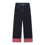 Small plaid stitching hem jeans women summer new retro wide-leg straight-leg versatile trousers