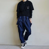 Eoior  Men's Japanese Denim Overalls Trendy  Hong Kong Style Retro Loose Comfortable Casual Simple Solid Straight Wide Leg Overalls