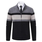 Eoior New Autumn Winter Fashion Striped Cardigan Men Slim Knitted Sweaters Outerwear Mens Stand Collar Zipper Knitting Sweatercoat Man