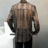 Mens Sexy Leopard Print Mesh See-Through Ice Silk Shirt Autumn Genderless Fashion Youth Nightclub Breathable Hollow Top Unisex